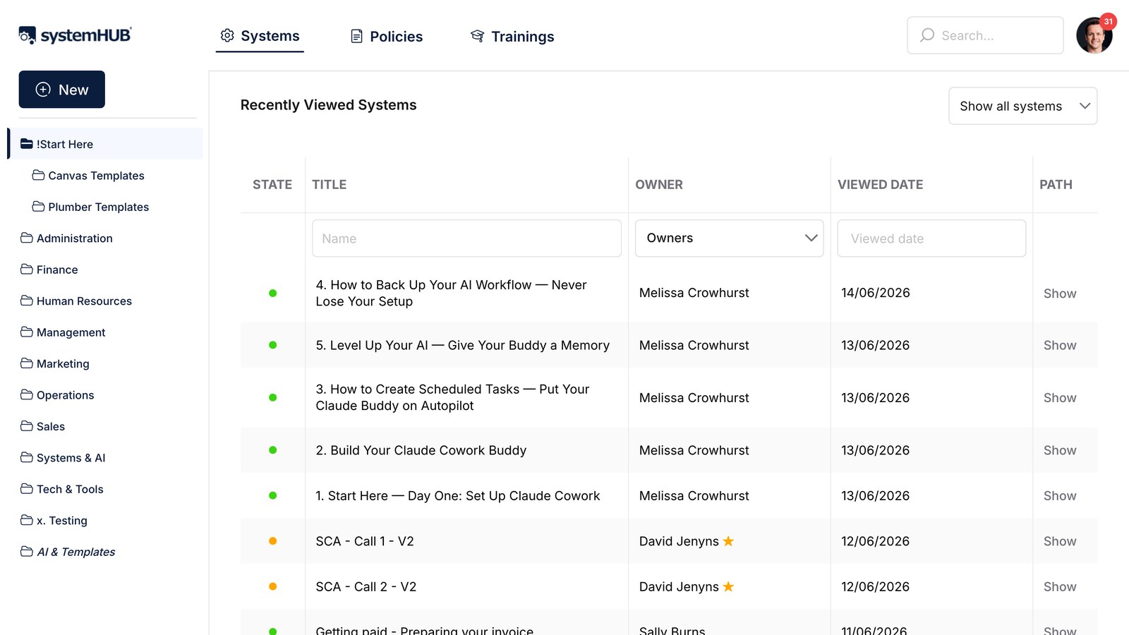 systemHUB systems library listing documented systems with state, owner and last viewed date